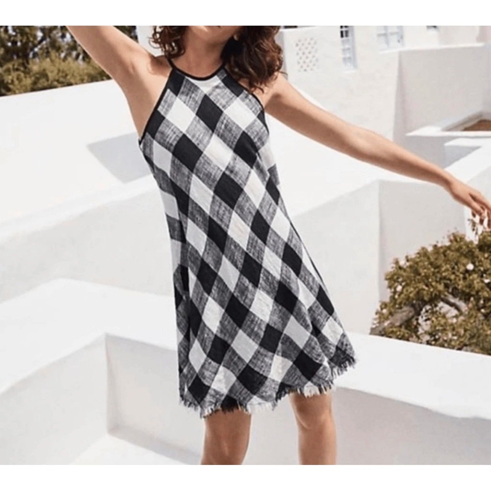 Cloth & Stone Gingham Halter Fringe Hem Mini‎ Dress Womens Large Black White